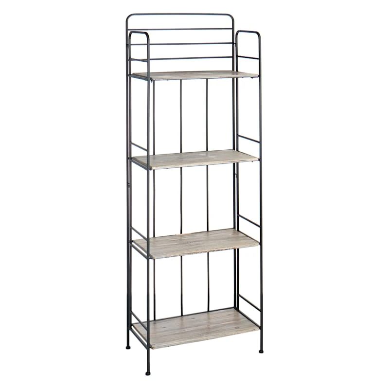 4-Tier Black Metal Baker Rack With Folding Wood Top Shelves