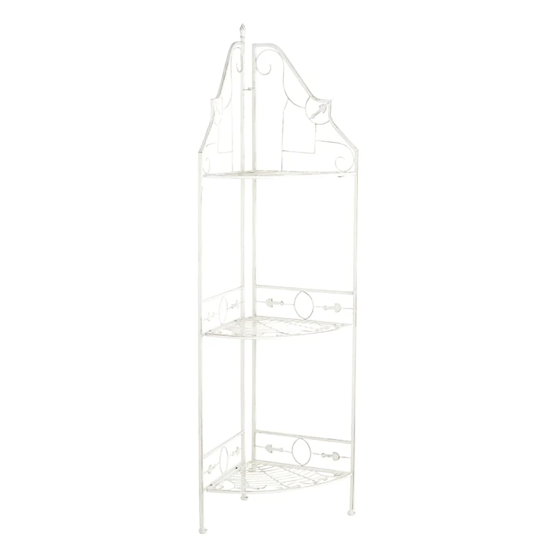 Antique White Scrolled Metal Folding Corner Shelf Rack, 51.5"