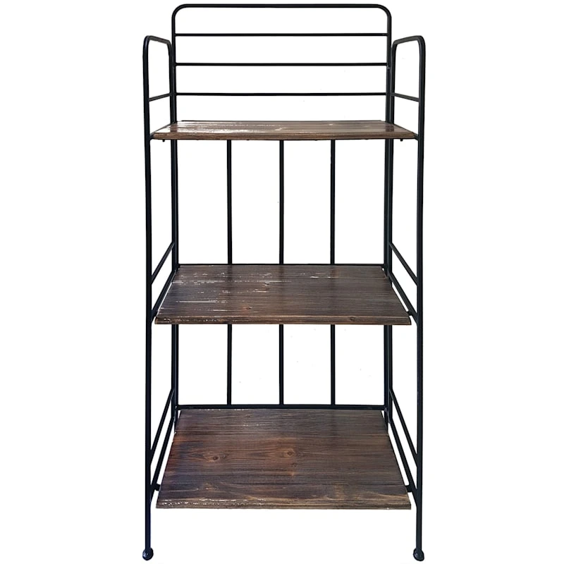 Black 3 Tier Metal Baker Rack With Folding Wood Top Shelves