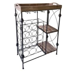 Black Metal Wine Rack With Wood Tray Top