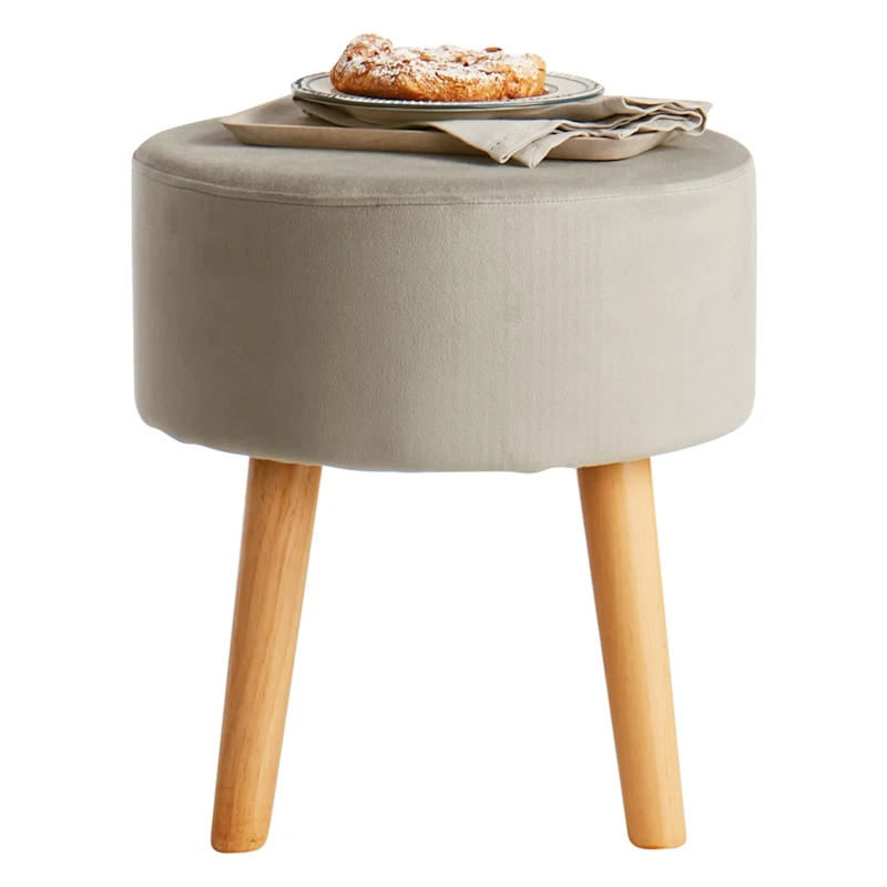 Emmy Grey Velvet Round Wood Leg Ottoman - Image 2