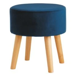 Emmy Navy Blue Velvet Round Wood Leg Ottoman