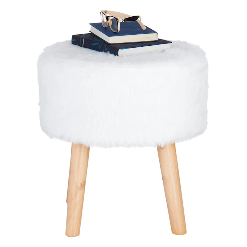 Emmy Ottoman Faux Fur With Wooden Leg, White - Image 2