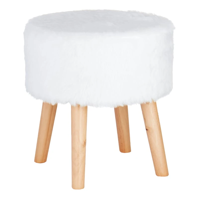 Emmy Ottoman Faux Fur With Wooden Leg, White