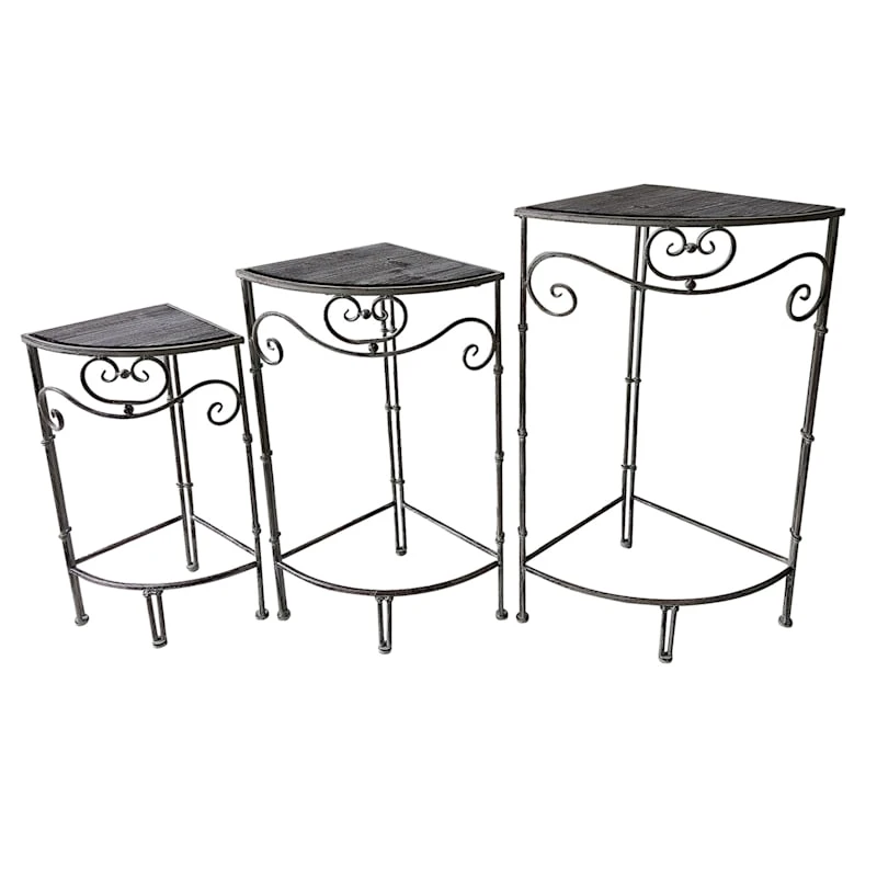 Fan Shaped Wood Top Plant Stand With Rustic Double Tube Metal Leg, Medium