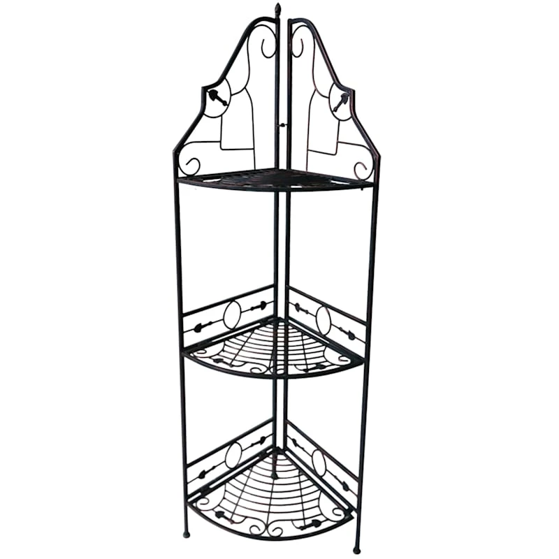 Gold & Black Scrolled Metal Folding Corner Shelf Rack, 51.5"