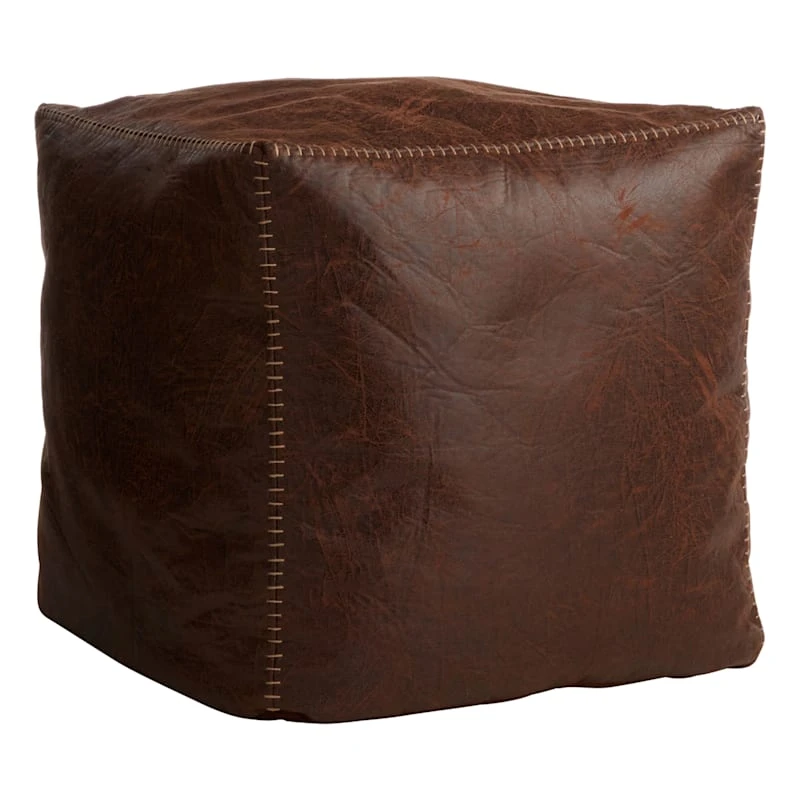 Honeybloom Faux Leather Brown Pouf With Baseball Stitch