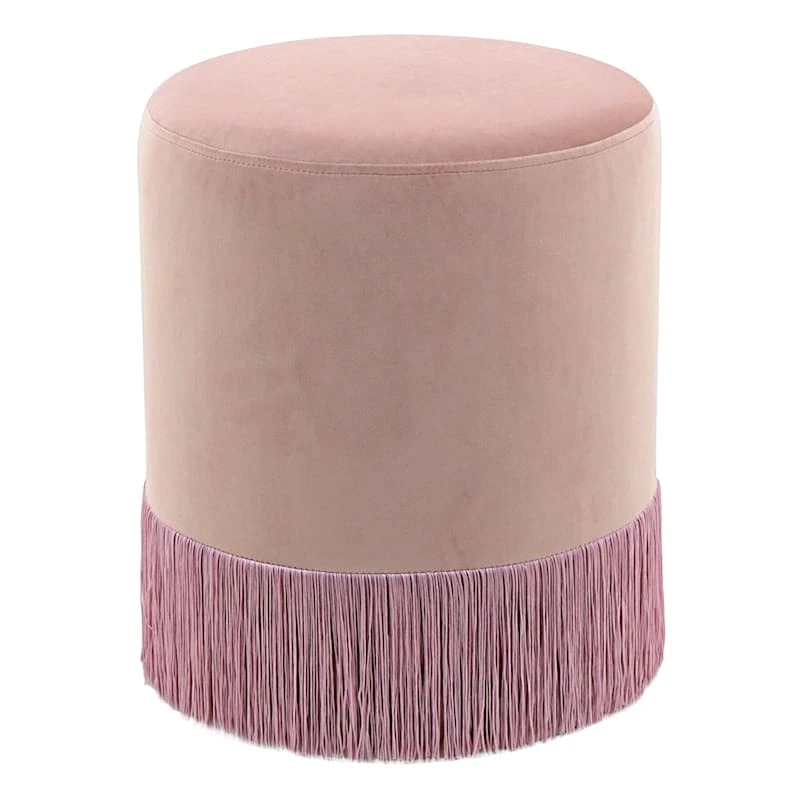 Round Ottoman With Fringe, Blush Velvet