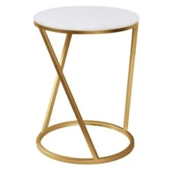 Round Quartz Top Accent Table With Gold Metal Base, Large